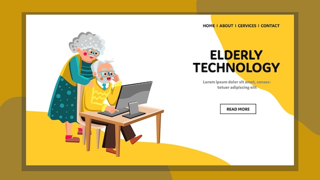 Elderly technology gadget using together vector. old man and woman sitting and standing at table looking in computer monitor digital technology. characters web flat cartoon illustration