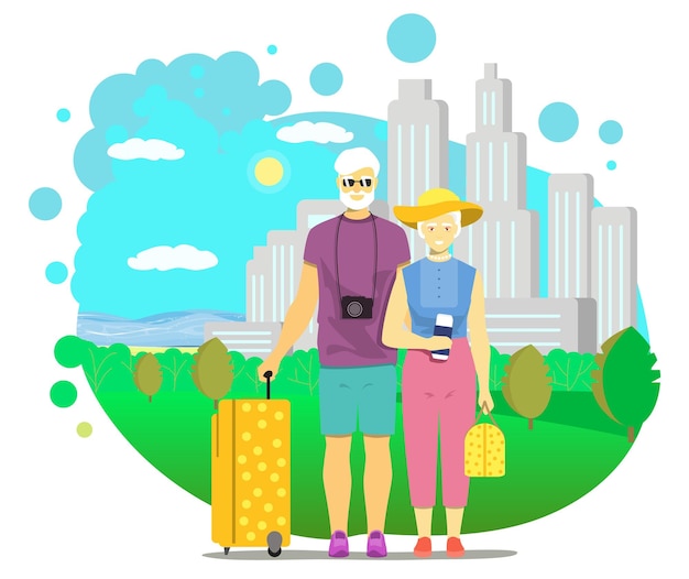 Vector elderly travelers cartoon characters enjoying trip in foreign country