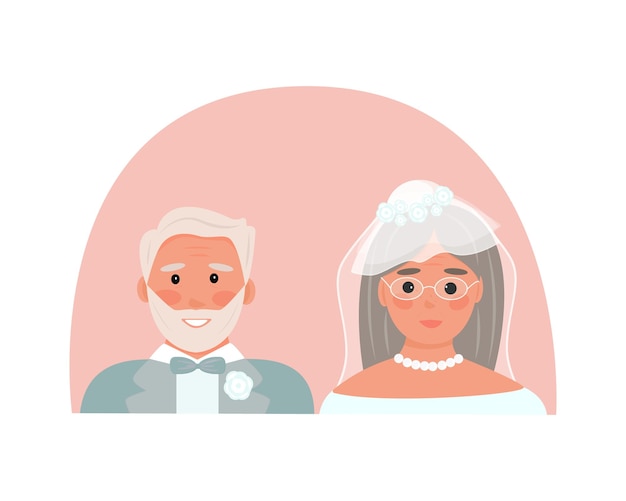 노인 결혼식. 연금 수령자가 결혼했습니다. 턱시도를 입은 노인과 머리에 베일을 쓴 여자. 결혼 등록, 기념일의 보편적인 개념. 분홍색 배경입니다. 벡터 일러스트 레이 션, 평면