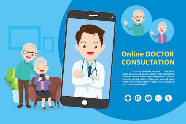 Пожилые люди с современной медициной и системой здравоохранения онлайн-поддержкасмартфон с врачом