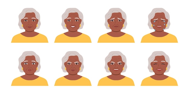 Vettore set avatar donna anziana emozioni diverse personaggio dalla pelle scura illustrazione vettoriale del fumetto