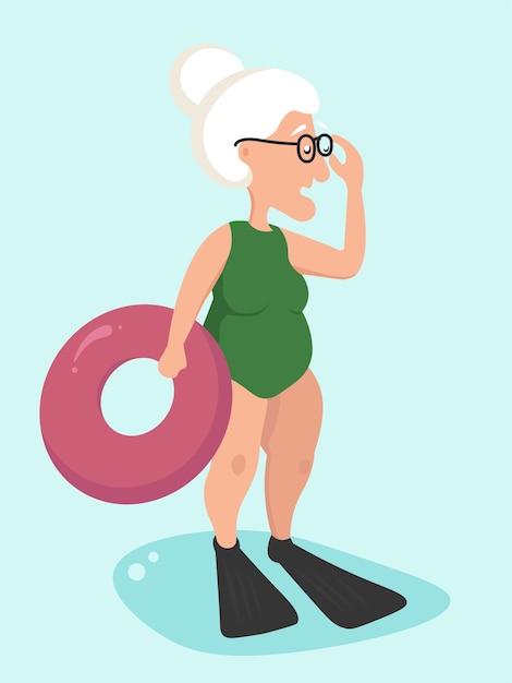 An elderly woman in a bathing suit and a lifebuoy is standing and surprisingly adjusting her glasses