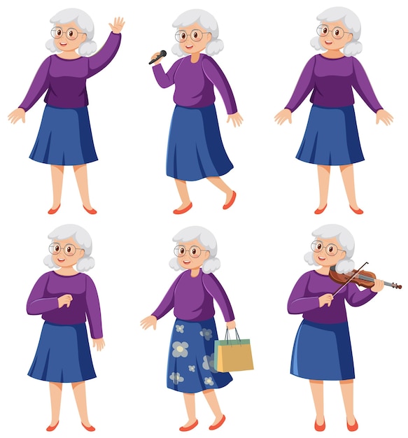Vettore set di personaggi dei cartoni animati di donna anziana