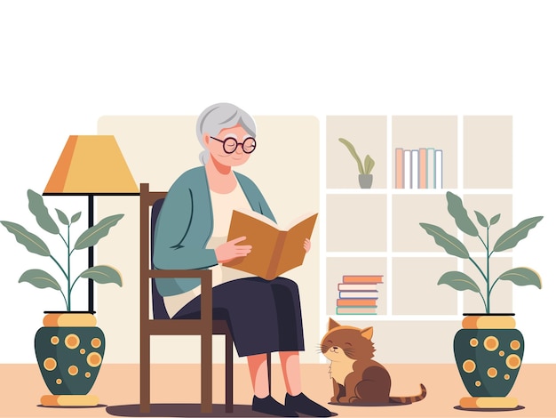 Vector elderly woman character reading a book on chair with adorable cat plant vase floor lamp and shelves over background