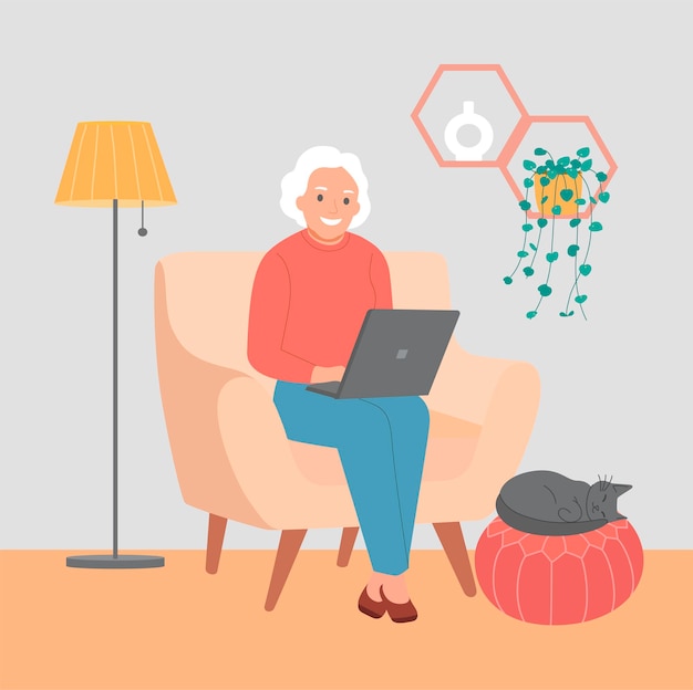 Elderly woman on comfortable couch and using laptop at living room. vector flat style illustration