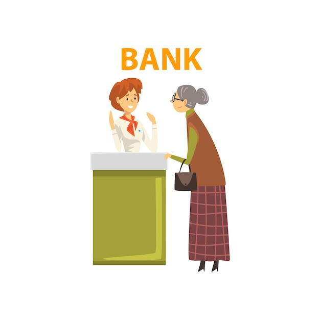 Пожилая женщина консультирует менеджера в офисе банка Работница банка, предоставляющая услуги клиенту, векторная иллюстрация на белом фоне