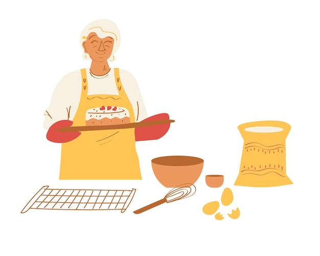 Vector elderly woman cooking cake in kitchen flat vector illustration