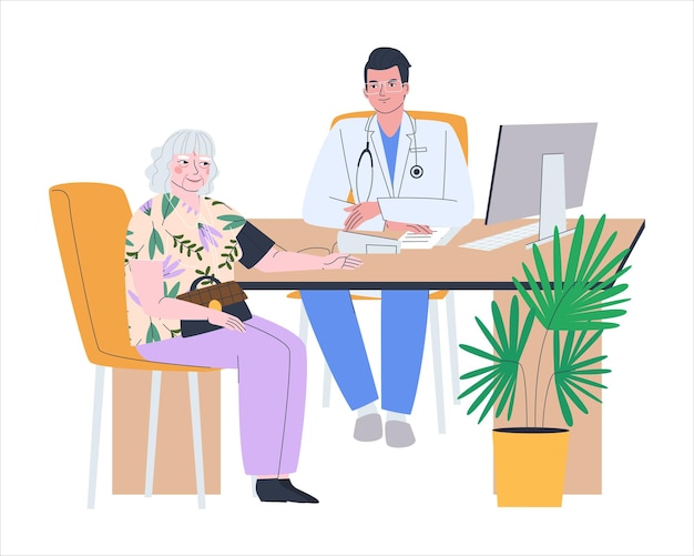 elderly woman at the doctor's office a woman's blood pressure is being measured flat vector