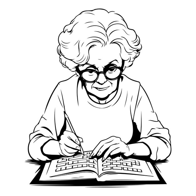 Vector elderly woman doing her homework vector illustration in cartoon style