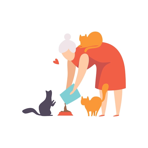 Vector elderly woman feeding her cats adorable pets and their owner vector illustration on a white