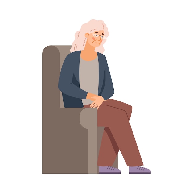 Пожилая женщина чувствует себя усталой и утомленной плоской векторной иллюстрацией изолированы