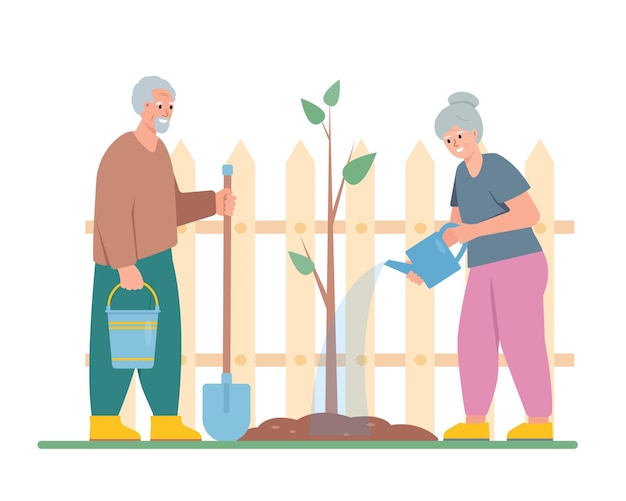 Premium Vector | Elderly woman gardening planting growing watering ...