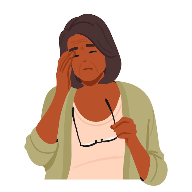 Vector elderly woman holding glasses and rubs her tired eyes portraying fatigue and the need for vision support senior female character portrays discomfort and vision problems cartoon vector illustration