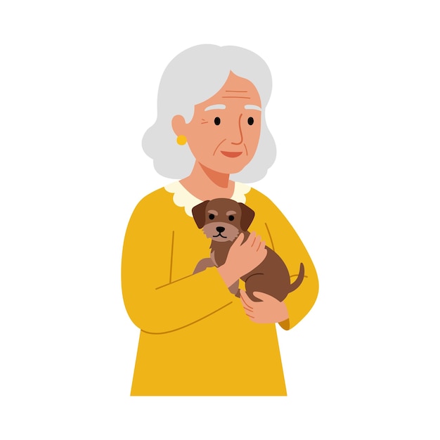 elderly woman holding a small puppy in a flat colorful design vector art