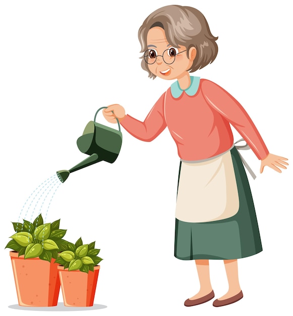 Vector elderly woman holding watering can