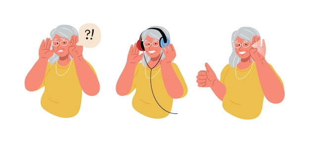 Vector the elderly woman is deafold lady does a hearing testvector flat illustration