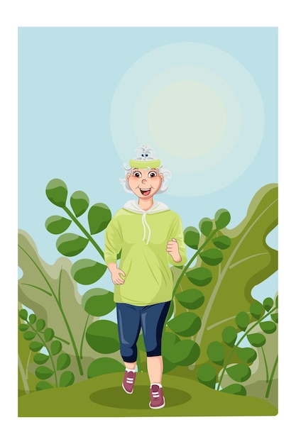 Vector an elderly woman is jogging in natureelderly woman is engaged in sports leads an active