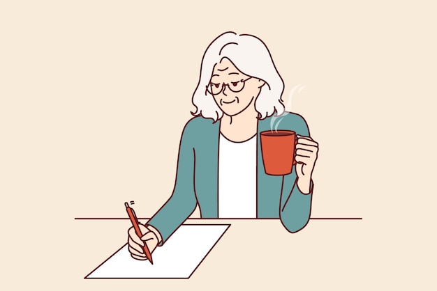 Пожилая женщина - писательница, пьющая кофе и сидящая за столом, изобретающая новую книгу бестселлера.
