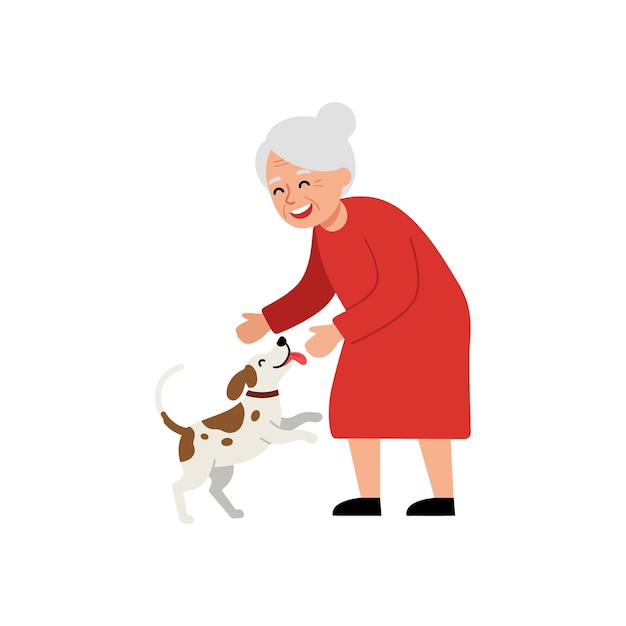 elderly woman joyfully interacting with her playful dog in flat vector illustration