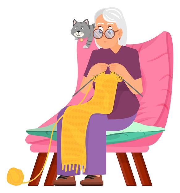 Elderly woman knitting in armchair Senior character hobby