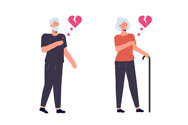 Elderly woman and man with strong heart attack. Vector illustration.