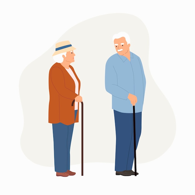 Elderly woman and man with walking stick stand behind each other Vector flat style illustration