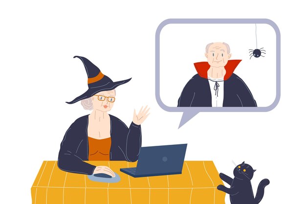 Elderly woman and old man in halloween costumes on dating site remote social distance online