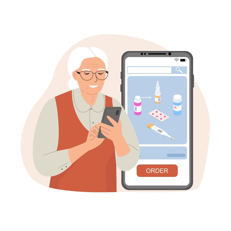Вектор пожилая женщина заказывает лекарства через приложение на смартфоне векторная иллюстрация