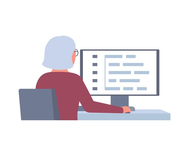 노인 여성 연금 수급자는 컴퓨터 온라인에서 테이블 수석에 편안히 앉아 있습니다. 코드 개발자의 프로그래머