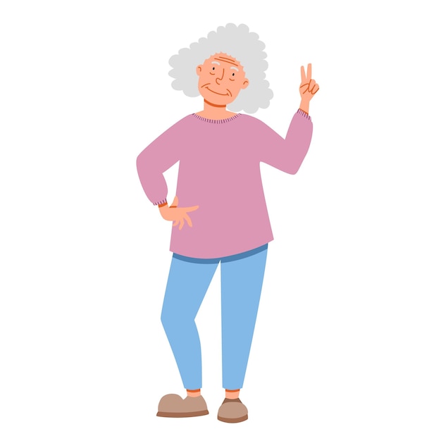 An elderly woman poses with a smile and shows two fingers