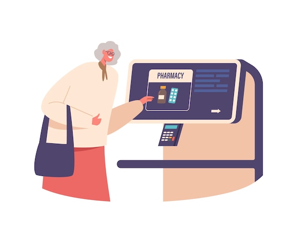 Elderly Woman Purchases Medicine At Pharmacy Using Terminal Female Character Displaying Selfreliance And Adapting To Modern Technology For Her Healthcare Needs Cartoon People Vector Illustration