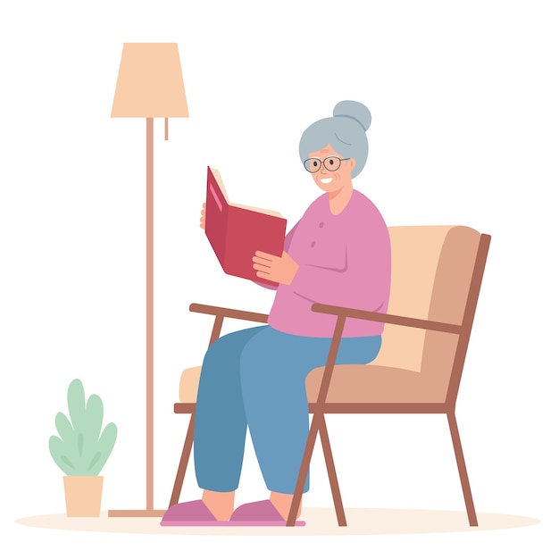 Elderly woman reading Book in armchair Smiling reader senior with book Hobby or retired lifestile