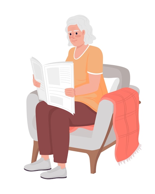 Vector elderly woman reading newspaper in armchair semi flat color vector character