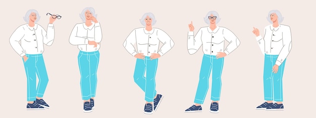 Donna anziana in età pensionabile stile di vita set illustrazione vettoriale piatta isolata carattere di donna moderna senior