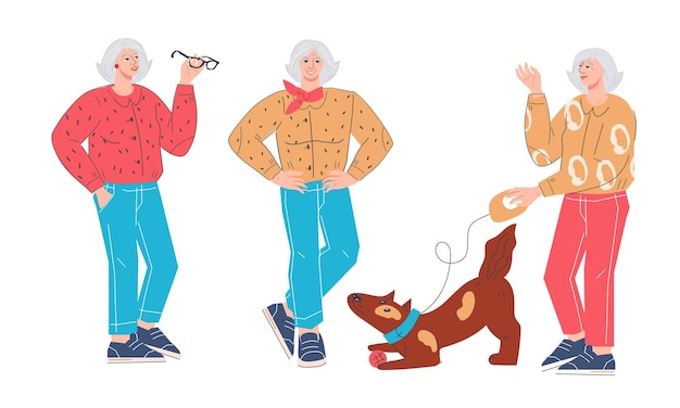 Elderly woman of retirement age lifestyle set flat vector illustration isolated Senior modern woman character