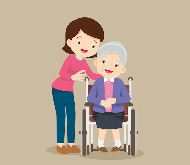 elderly woman sit in a wheelchair and the daughter tenderly puts  hands on her shoulders.