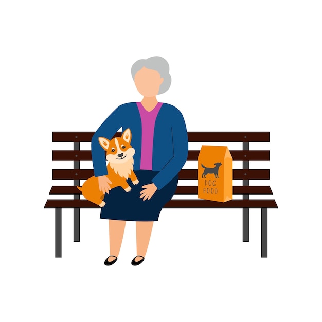 Vector an elderly woman sits on a bench with a corgi dog