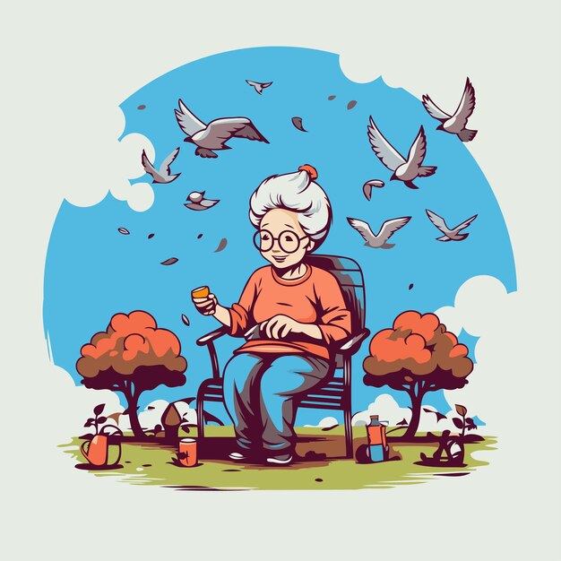 Vector elderly woman sitting on a bench in the park vector illustration