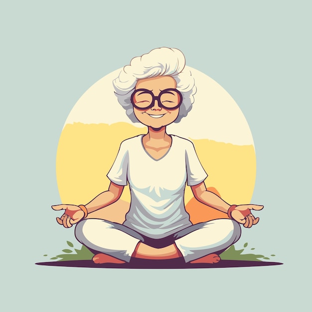 Vector elderly woman sitting in lotus position vector illustration