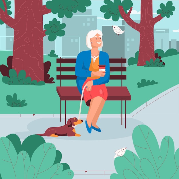 도시 공원에서 쉬고 벤치에 앉아있는 노인 여성