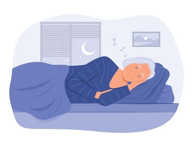 夜にベッドで眠っている年配の女性