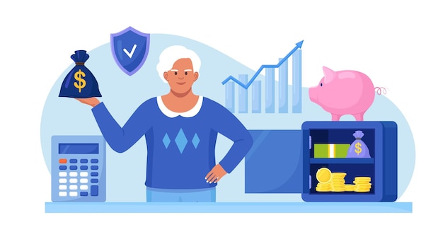 Elderly woman standing near safe piggy bank holding money bag Pensioner keeping cash in bank deposit account Pension savings investment in retirement mutual fund