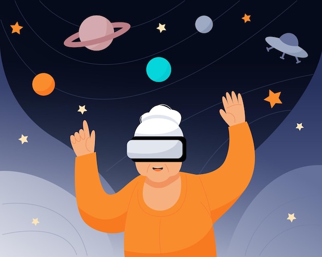 Vector elderly woman in vr glasses looks at space with planets and ufo. an old woman and new technologies.