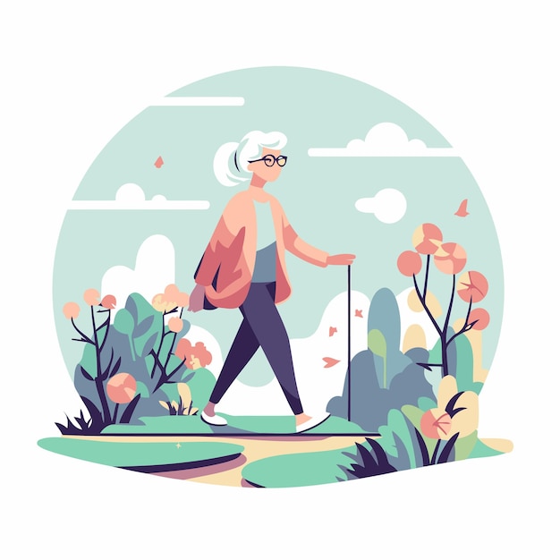 Vector elderly woman walking in the park flat vector illustration