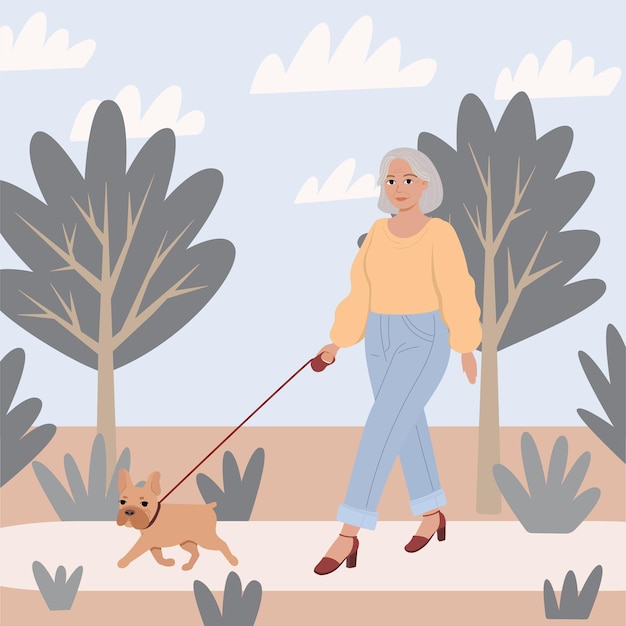 年配の女性が公園で彼女の犬と一緒に歩く女性の漫画のベクトルイラスト