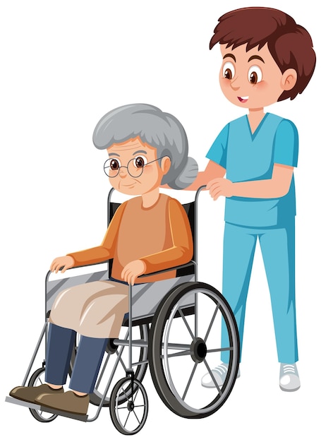 Vector elderly woman in wheelchair and nurse man