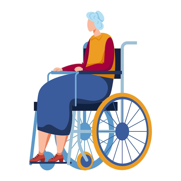 Vector elderly woman with blue hair sitting in wheelchair senior person with mobility aid aging healthcare and independence vector illustration