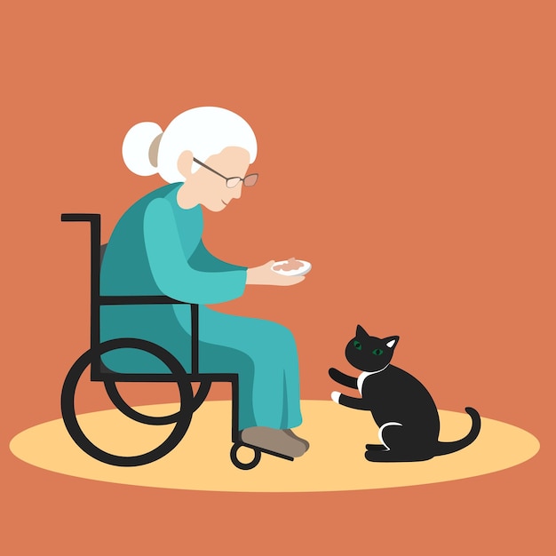 An elderly woman with disabilities feeds a stray cat on the street