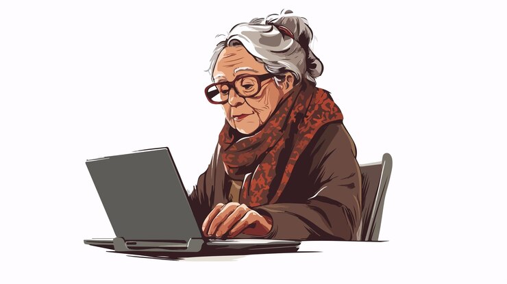 Vector elderly woman with glasses sitting and working on laptop in home setting