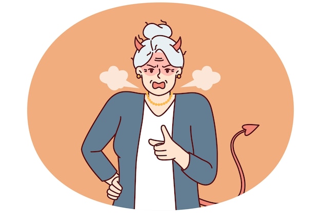 Vector elderly woman with horns and devil tail screams and points with finger threatening opponent